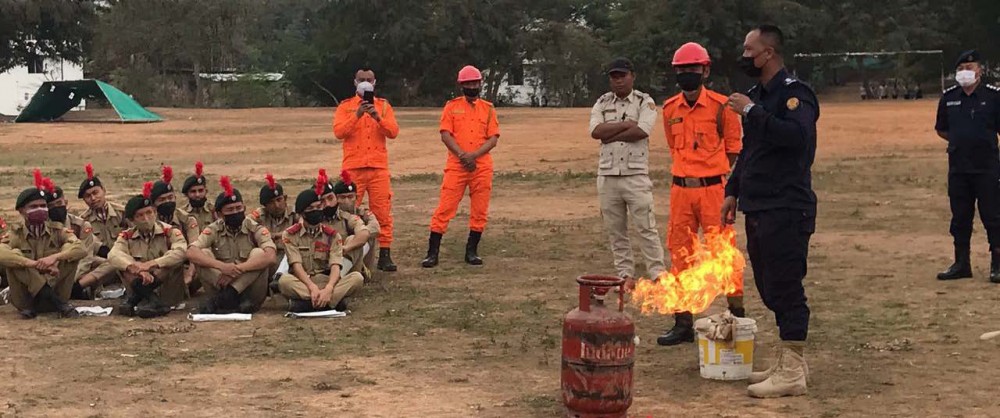 Demonstration of fire extinguishing at the ongoing NCC Training Classes of NCC Cadets at Dimapur Government College, Dimapur.