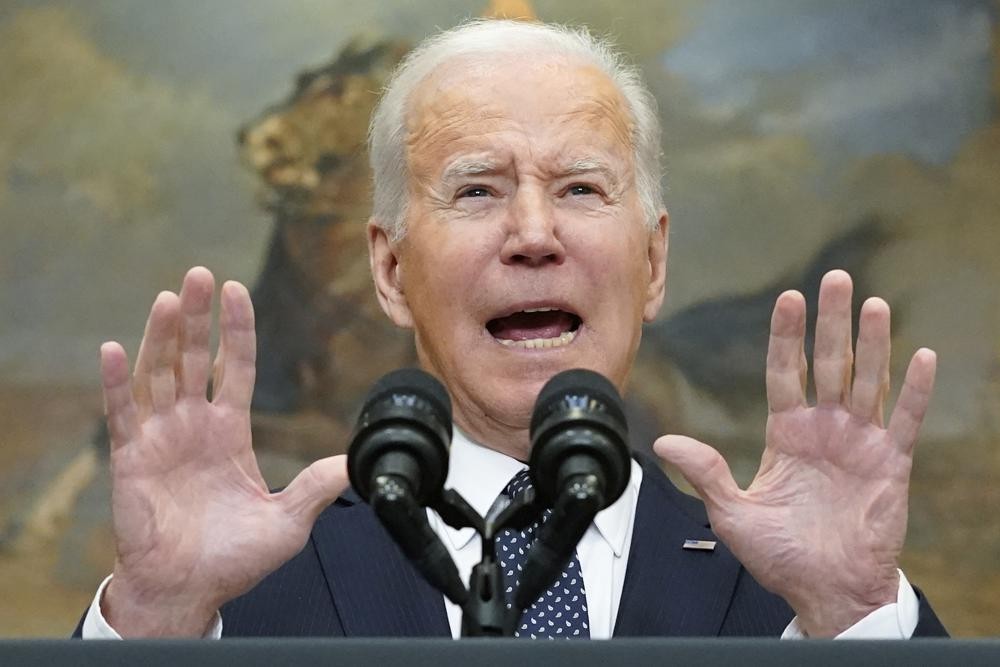 President Joe Biden speaks about Ukraine in the Roosevelt Room of the White House, Friday, Feb. 18, 2022, in Washington. (AP Photo/Alex Brandon)