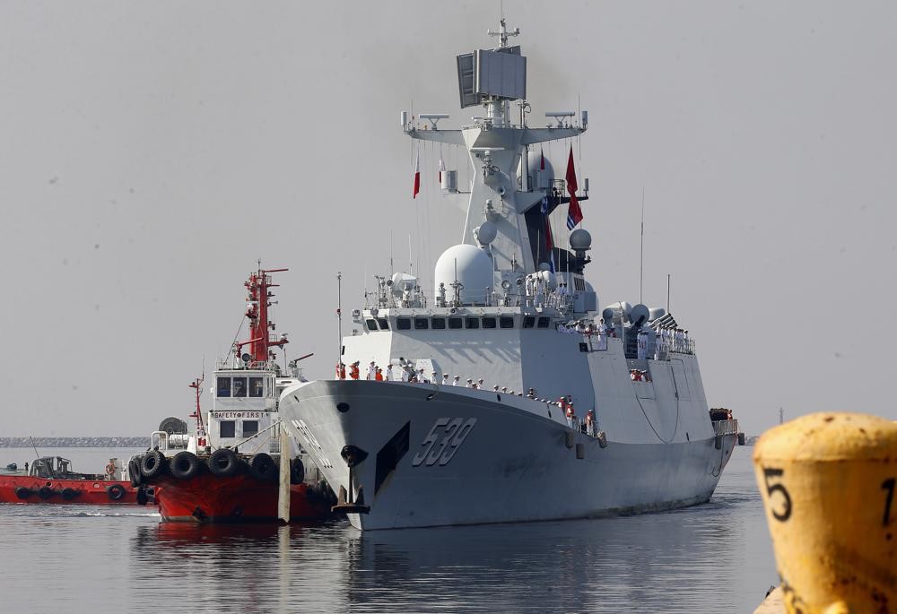 FILE - A type 054A guided missile frigate "Wuhu," prepares to dock at Manila's South Harbor for a four-day port call Thursday, Jan. 17, 2019, in Manila, Philippines. The Australian Defense Department says a Chinese navy ship fired a laser at one of its surveillance aircraft, putting the lives of the crew in danger. It says the incident happened on Thursday, Feb. 17, 2022, when the P-8A Poseidon plane detected a laser illuminating the aircraft while in flight over Australia’s northern approaches. (AP Photo/Bullit Marquez, File)