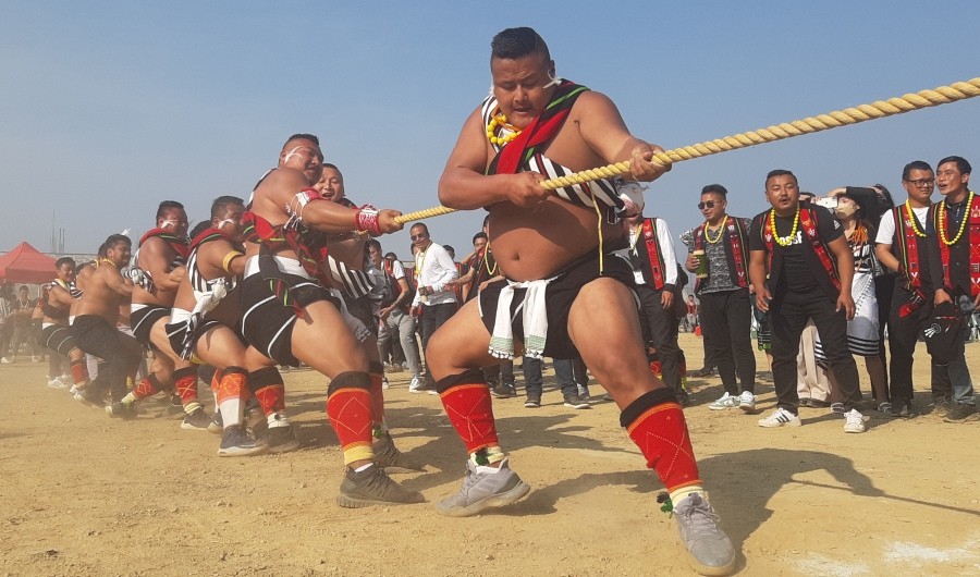 A team participates in the tug-of-war during the Kewhimia Sekrenyi 2022, organized by Kohima Village Youth Organization (KVYO) and hosted by MLA Khriehu Liezietsu at Ziekezou, Kohima village on March 5. Sekrenyi is the premier festival of Angami Nagas.