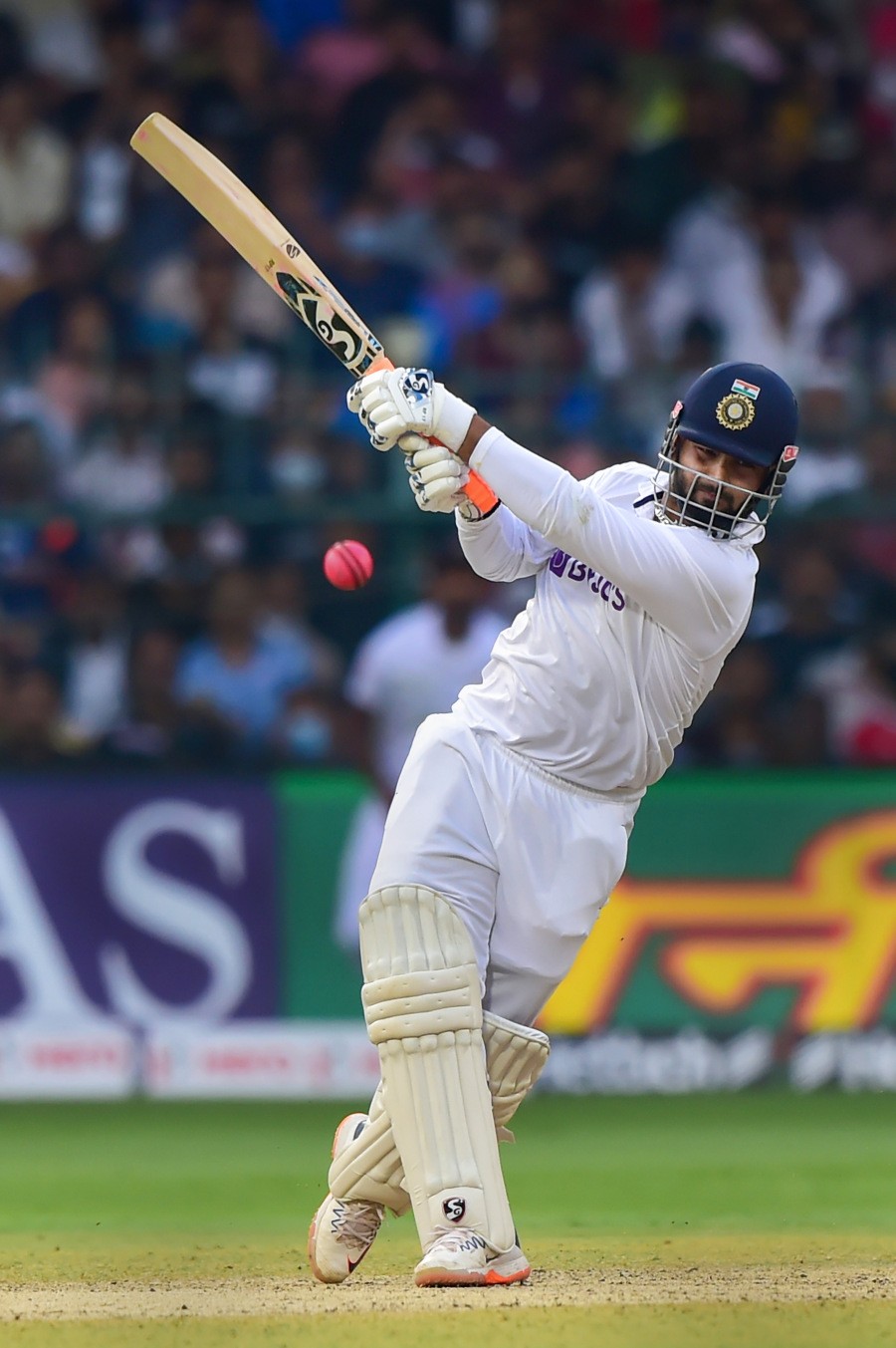 India's batsman Rishabh Pant plays a shot during the second day of the second test cricket match between India and Sri Lanka, at Chinnaswamy Stadium in Bengaluru onMarch 13. (PTI Photo)