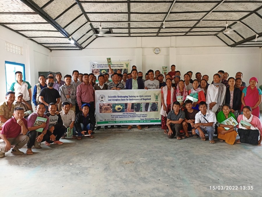 Trainees and organisers with village officials during the scientific training on Apis cerana and stingless bees at Beisumpuikam village.