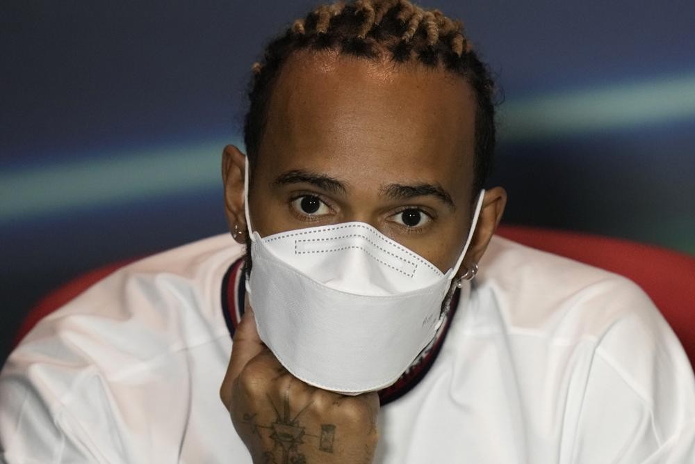 Mercedes driver Lewis Hamilton of Britain speaks during a press conference at the Jiddah corniche circuit in Jiddah, Saudi Arabia, Friday, March 25, 2022. (AP Photo/Hassan Ammar)