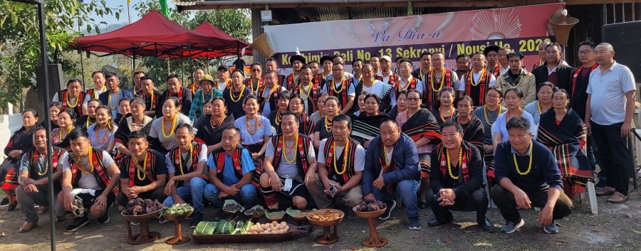 The Kewhimia Peli No. 13 Sekrenyi- cum-get together 2022 took place today at Khriesanuomia Badze, P Khel, Kohima village. The festival was hosted by Kekhotakhrie Peli No. 13 (Pfuchatsumia Thinuo). It was a get-together of Peli No. 13 from Pfuchatsumia, Tsütuonuomia, Lhisemia and Dapfütsumia khel of Kohima village. Pfuchazounuoko presented folk song. The gathering was marked by merry making and Sekrenyi feast. Sekrenyi is the premier festival of Angami-Nagas. (Morung Photo)