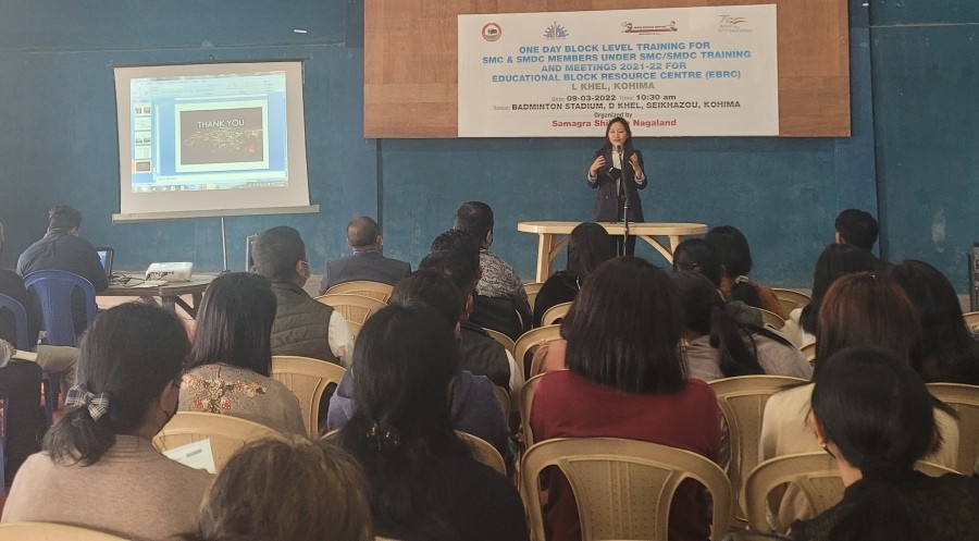 Avelu Ruho speaking at block level training for SMC & SMDC members in Kohima on March 9. (Morung Photo)