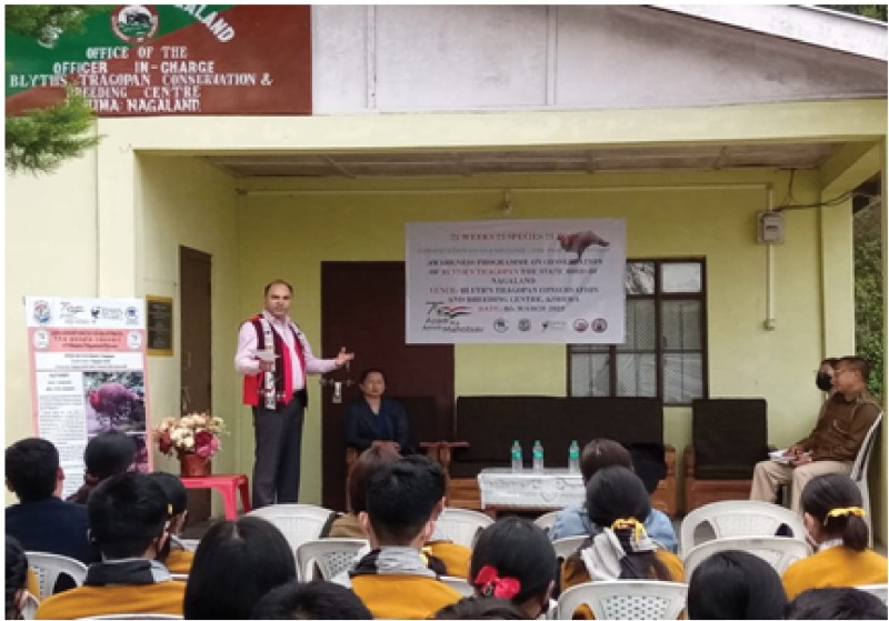 An officials addressing the awareness programme organized by Nagaland Zoological Park Rangapahar on conservation of Blyth‘s Tragopan at the Blyth‘s Tragopan Breeding Center Kohima on March 8.