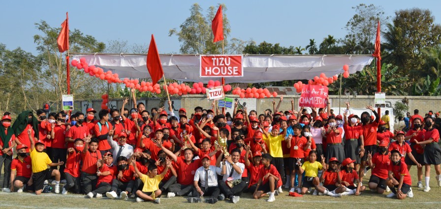 Tizu House, the overall champion of the Delhi Public School, Dimapur 18th Annual Sports Day celebrates their win at the school ground on March 4. (Photo Courtesy: DPS Dimapur)