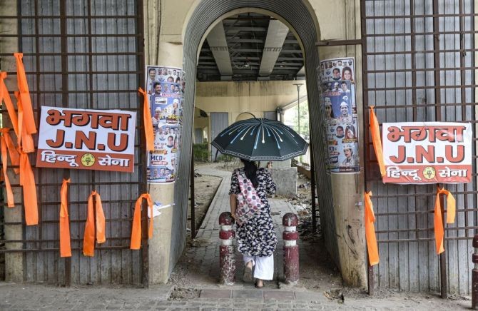 Hindu Sena puts up saffron flags, posters outside JNU, with a warning
