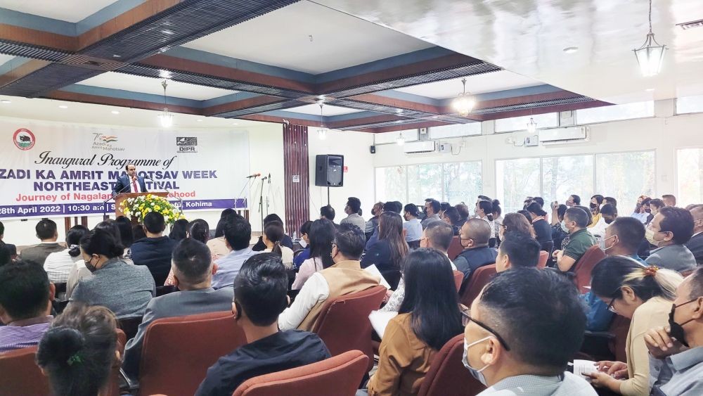 Abhijit Sinha addressing the launching programme of North East Festival as part of Azadi Ka Amrit Mahotsav Week in Kohima on April 28. (Morung Photo)