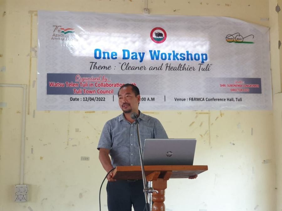 CECS Director Subonenba Longkumer speaking at workshop on Cleaner and Healthier Tuli on April 12.