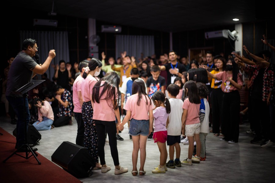 A group of children praying during a worship service of 40 Days of Revival. The last five day (April 15 to 19) will be held at the football ground, Don Bosco Higher Secondary School, Riverbelt Colony from 5:00 pm onwards. (Photo Courtesy: Sinai Ministry)