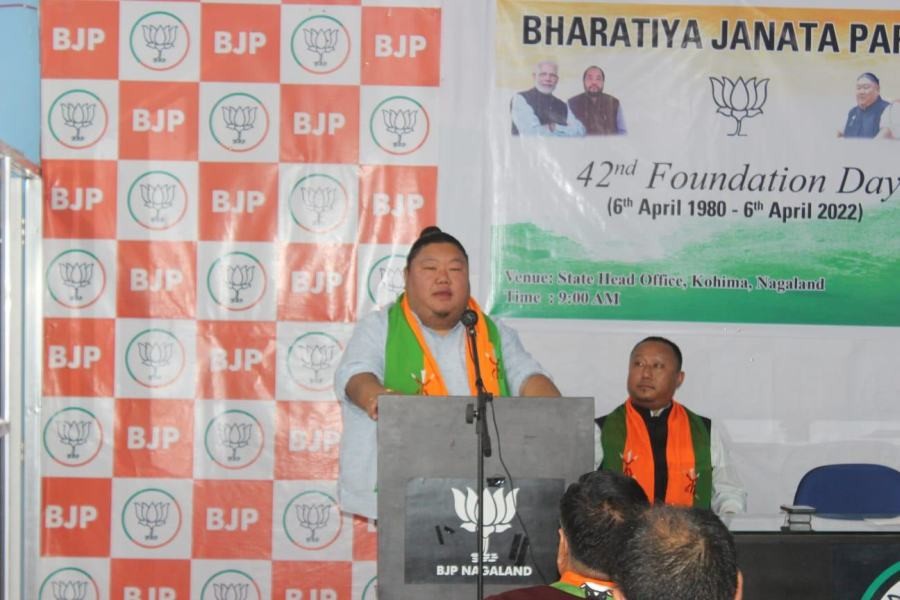 Temjen Imna Along addressing 42nd foundation day of BJP in Kohima.