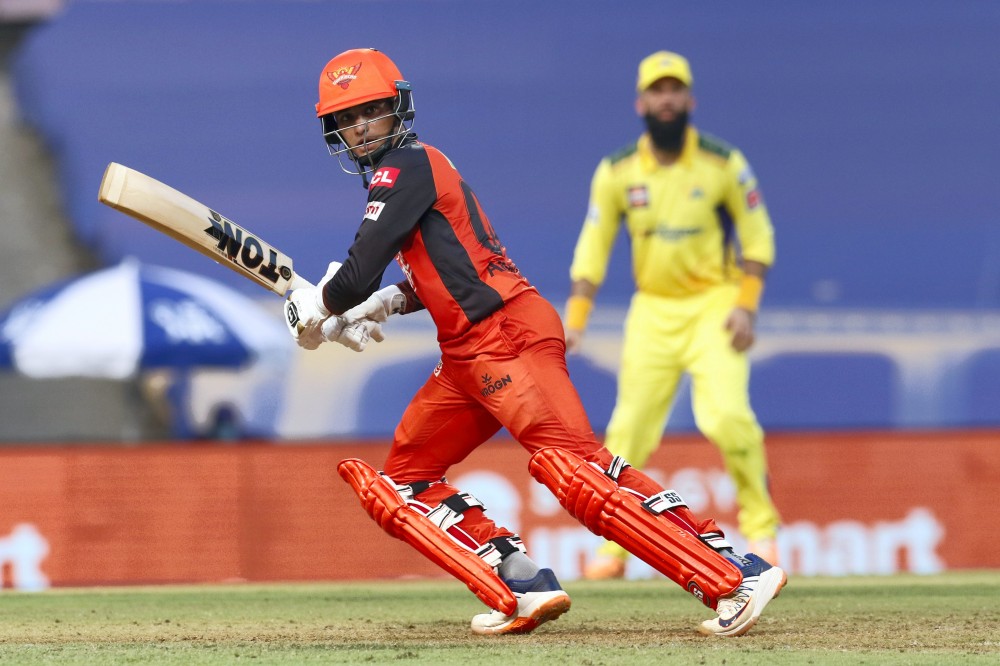 Abhishek Sharma of Sunrisers Hyderabad in action during match 17 of the Indian Premier League 2022 cricket tournament between the Chennai Super Kings and the Sunrisers Hyderabad, at the DY Patil Stadium in Mumbai on April 9. (Sportzpics for IPL/PTI Photo)
