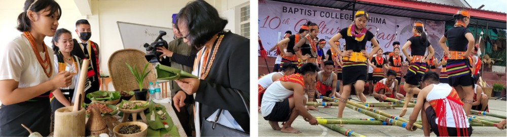 (Left) Food stalls at the 10th cultural day of Baptist College Kohima. (Right) Konyak students of Baptist College Kohima performs bamboo dance during 10th cultural day of Baptist College Kohima on April 20. (Morung Photo)