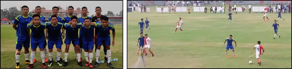 (Left) Players of Nagaland Police football team (Right) Players of Nagaland Police (blue jersey) and India Club in action during the semifinal match.