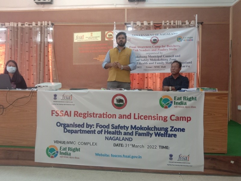 ADC & Administrator MMC, Shashant Pratap Singh, IAS speaking during the FSSAI awareness camp for butchers, fish vendors and poultry stalls within Mokokchung town at MMC Hall on March 31. (Photo Courtesy: CMO Mokokchung)