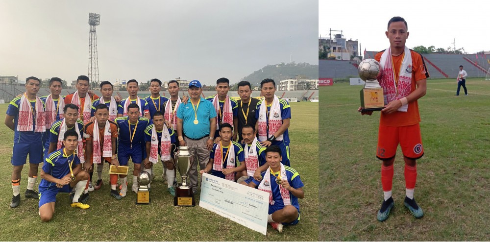 (Left) Nagaland Police team with the runners up trophy of the 68th edition of Bharat Ratna Lokopriya Gopinath Bordoloi Trophy football tournament at Nehru Stadium, Guwahati on April 3. (Right) Neithovilie Chalieu of Nagaland Police, who was adjudged the best goalkeeper of the tournament.