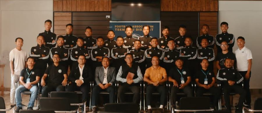 Members of Football Association Tseminyu District during the launching of the official jersey and anthem at CRBC Conference Hall, Zunpha on April 17. (Photo Courtesy: FATD)