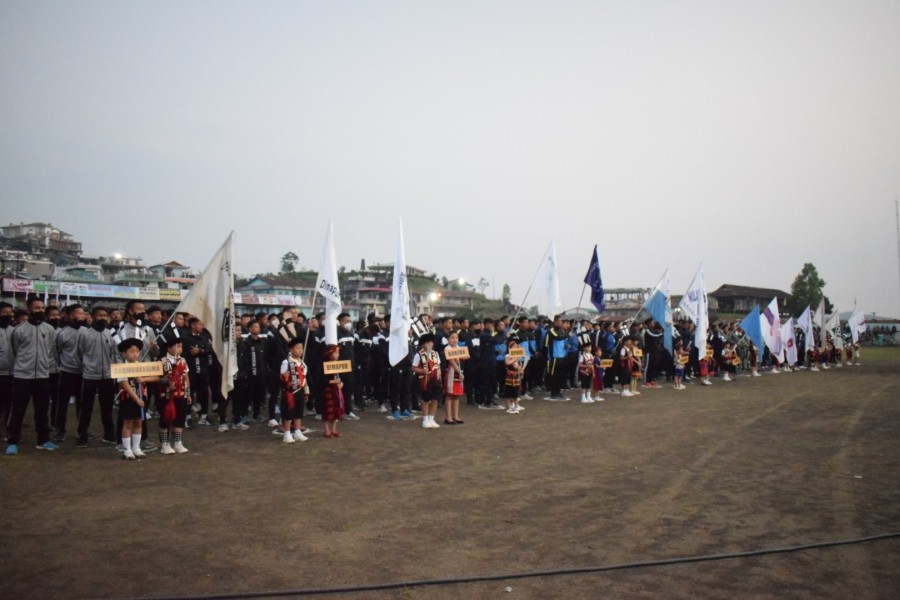 Teams for the Dr T Ao Trophy during the opening ceremony in Mokokchung on April 18. (Morung Photo)