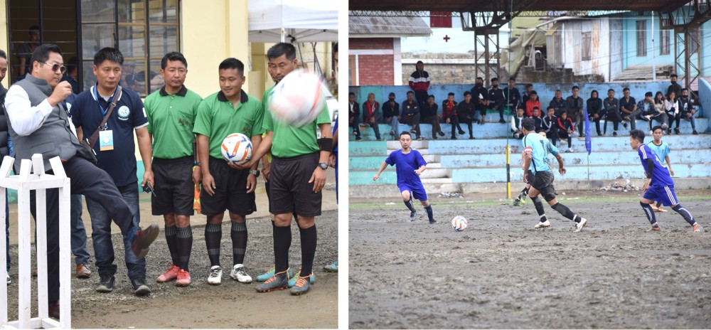 (Left) NLA Speaker Sharingain Longkumer kick start the 3rd Mokokchung inter-ward football tournament (Right) Players during a match at Imkongmeren Sports Complex, Mokokchung on May 4. (Morung Photo)