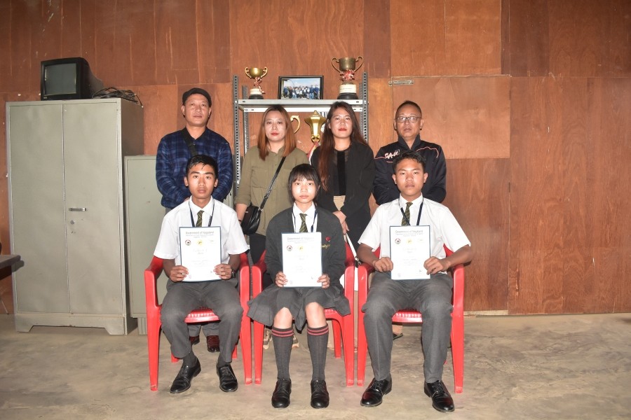 The District Sports Office, Mokokchung officials felicitated the participants representing Mokokchung who won at the State Level Literary Competition organized by the Department of Youth Resources & Sports at Indira Gandhi Stadium, Kohima on May 28 at District Sports Office, Mokokchung. Rongsenkaba and Lanusanen Longkumer won the first position in quiz competition and Rongsenienla Longkumer won the second position in essay competition. All three students are from Ladybird School. Mokokchung and they were accompanied to Kohima by Rongsentoshi Jamir, team manager.