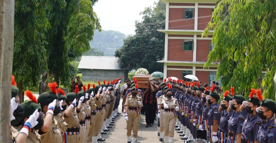 Members of the National Cadet Corps (NCC), PCC salute as the pallbearers carry the mortal remains of Margaret Anne Shishak for the funeral service at the Bundrock Chapel Auditorium, Patkai on May 30. (Morung Photo)