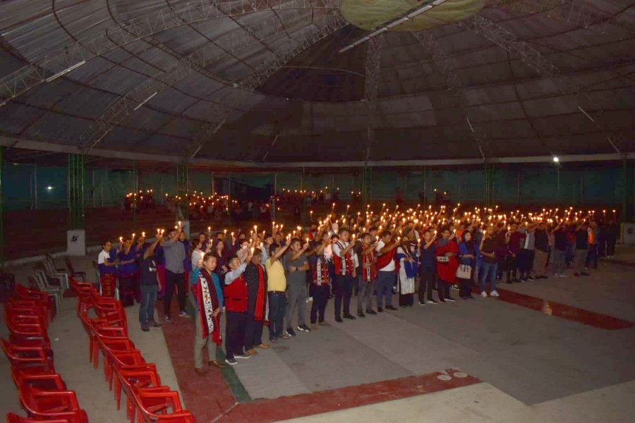 A candle light service in memory of Mapuienla Longkumer held at Babu Tzübo Amphitheater, Ungma village, Mokokchung on May 31. (Morung Photo)
