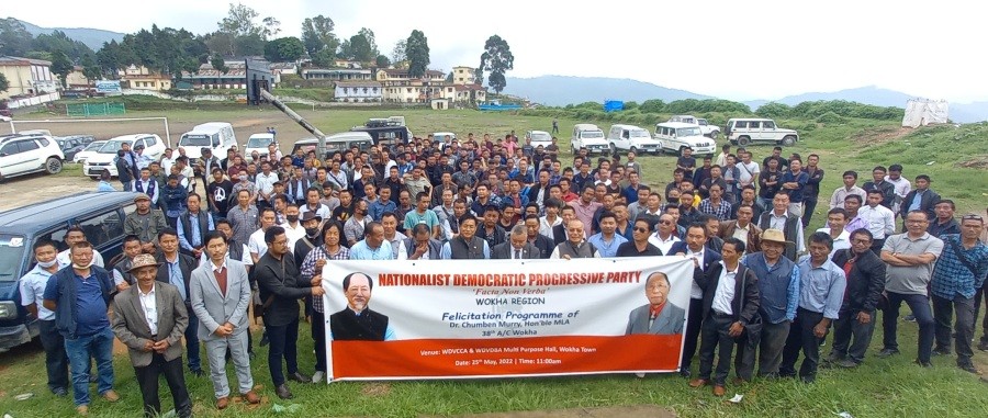 Dr. Chumben Murry, Mhathung Yanthan along with various CEB party leaders of NDPP and supporters seen after the programme on May 25. (Photo Courtesy: Abenthung Kikon)