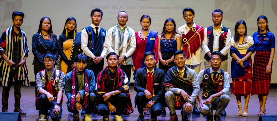MLA Mmhonlumo Kikon with the students during the 18th cultural fest of the Nagaland University Students’ Union Kohima Campus, Meriema at RCEMPA hall, Jotsoma on May 17.