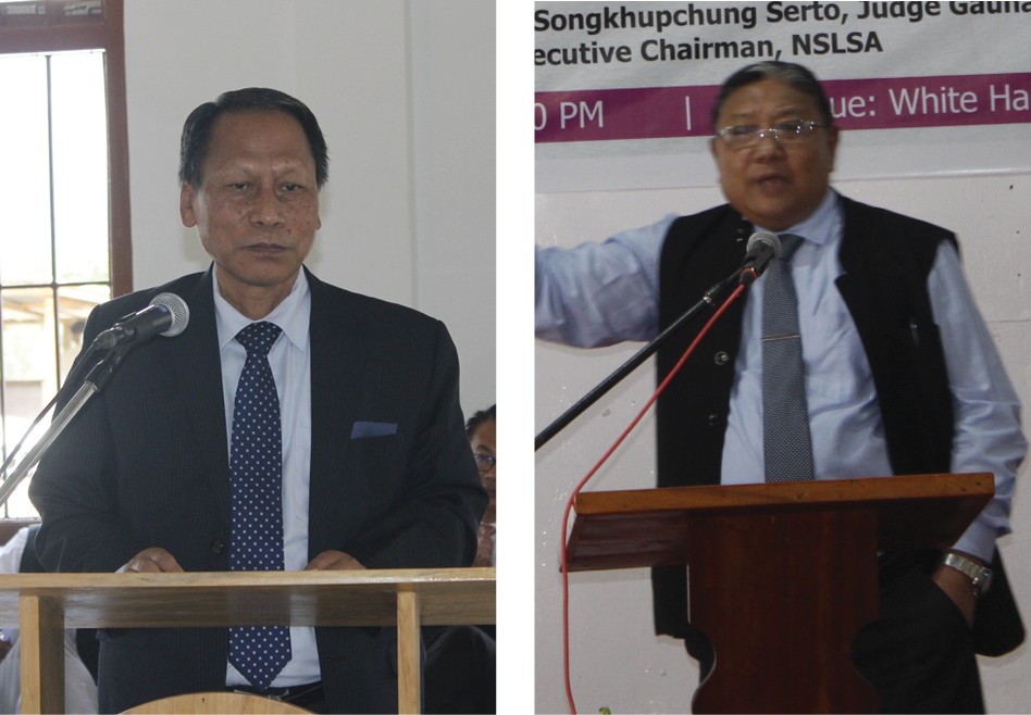 (Left) Justice Songkhupchung Serto (Right) Justice Kakheto Sema address the public at White hall, Noklak village on May 28. (Photo Courtesy: NSLSA)