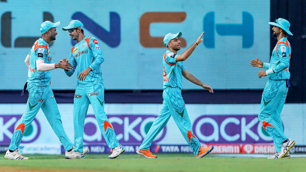 Lucknow Super Giants players celebrate the wicket of Prithvi Shaw of Delhi Capitals, during the Indian Premier League 2022 cricket match between Delhi Capitals and Lucknow Super Giants, at the Wankhede Stadium in Mumbai, Sunday, May 1, 2022. (Sportzpics for IPL/PTI Photo)