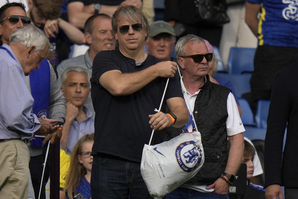 American businessman Todd Boehly attends the English Premier League soccer match between Chelsea and Watford at Stamford Bridge stadium in London, Sunday, May 22, 2022.(AP Photo/Alastair Grant)