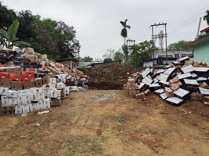 Assorted Indian-Made Foreign Liquor (IMFL) seized by the Excise department are seen at the Excise Directorate Complex, Dimapur in this file photo taken April 7, 2022. Department officials said the IMFL worth around Rs 2.72 crore were destroyed afterwards. Such disposal of seized alcohol is a regular affair in ‘dry’ Nagaland. (Morung File Photo)