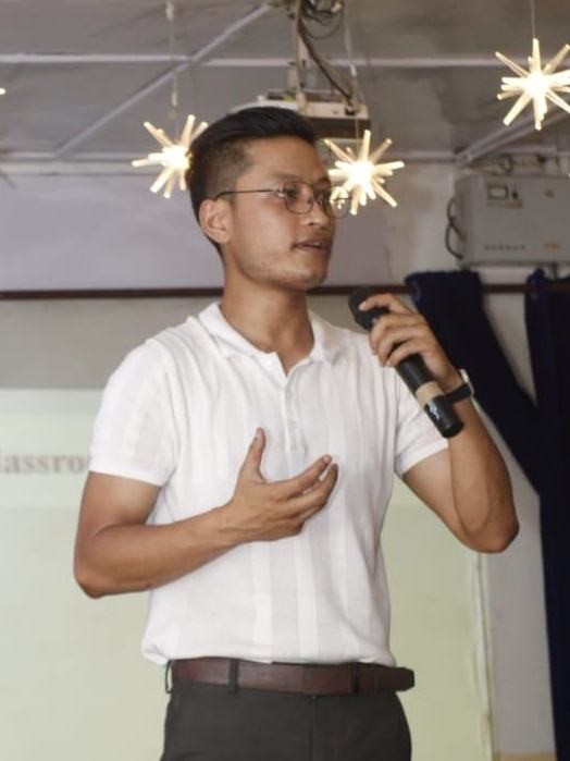 Daewon Nongrem, Counselling Psychologist, Teacher and Life Skills Trainer addressing an Open Mic Mental Health event.