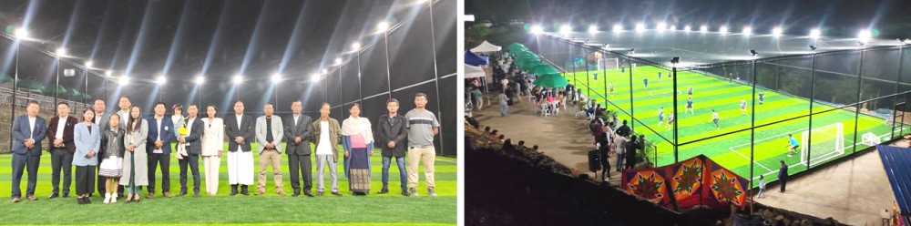 (Left) Dignitaries with L Viluo family during the inauguration of L Viluo FIFA Pro- Turf (Futsal) (Right) Exhibition match between Kohima District Football Association and Organizing Committee after the inauguration on June 9.