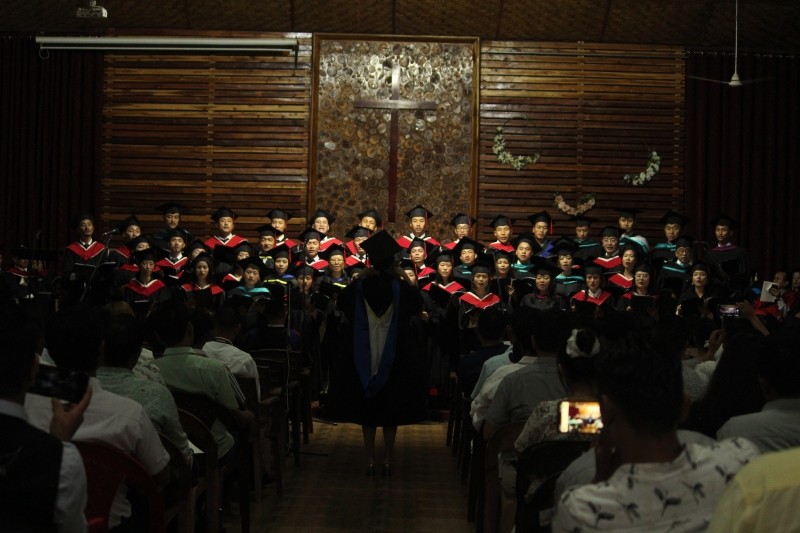 Class of 2022 graduates of Oriental Theological Seminary presenting a message in song during its 27th Commencement Exercises and Asia Graduate School of Theology North East India (AGST-NEI) 1st Commencement Exercises held on July 26 in Bade, Dimapur. (Photo Courtesy: OTS)