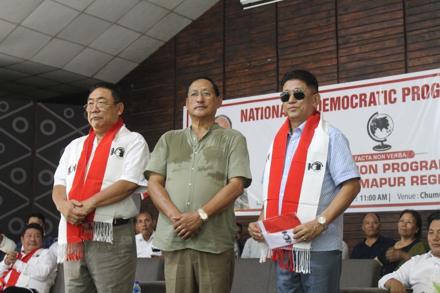Advisor Zhaleo Rio along with MLA Moatoshi Longkumer and MLA Azheto Zhimomi during the felicitation programme held in Chümoukedima on June 8. (Morung Photo)