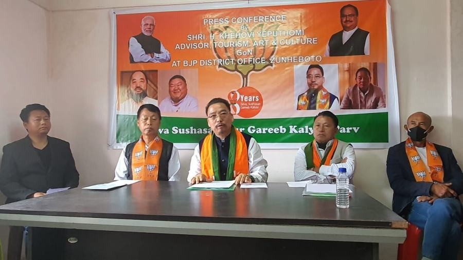 H. Khehovi Yepthomi addressing media in Zunheboto on June 13.