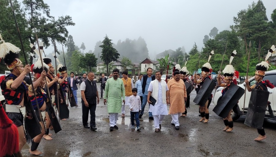 Sameer Oraon and Abhay Giri on their arrival at tribal mela cum closing ceremony of Seva Sushasan Gareeb Kalyan Abhiyan at RCEMPA, Jotsoma on June 15. (Morung Photo)