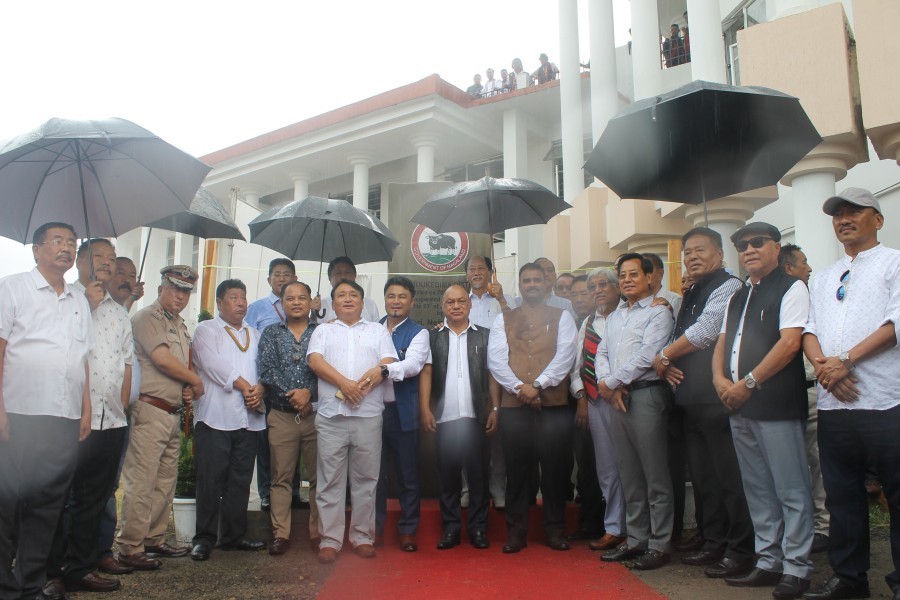 Neiphiu Rio with other guests and dignitaries during the unveiling of the monolith for the newly created district of Chümoukedima on June 29. (Morung Photo)