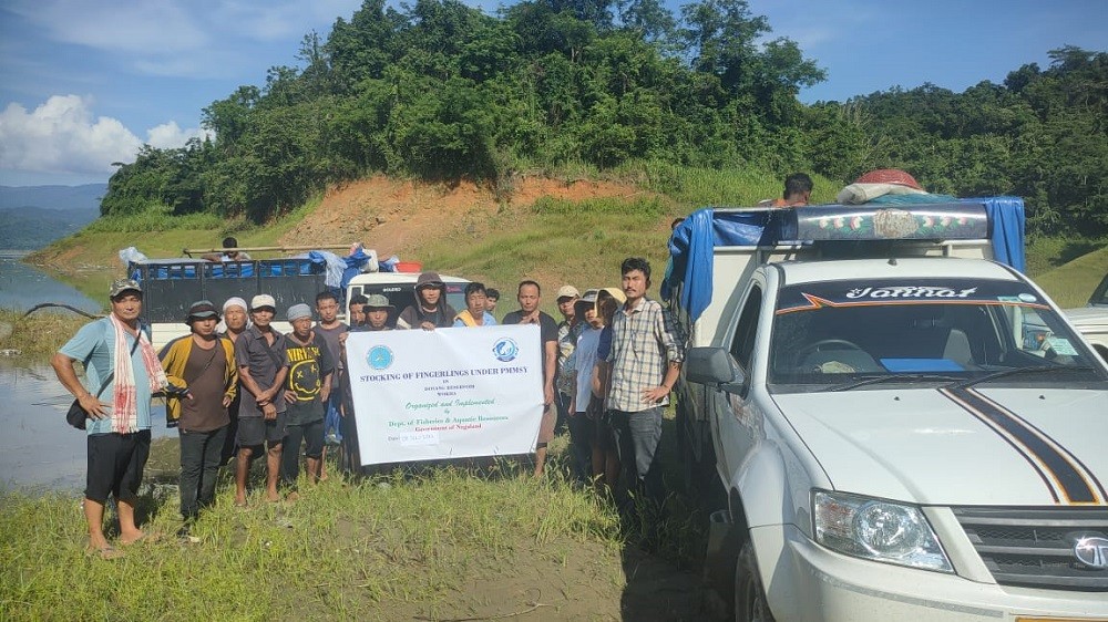 Officials and others during the release of fingerlings in Doyang Reservoir, Wokha on July 8. (DIPR Photo)