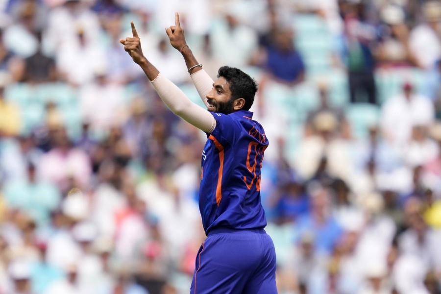 India's Jasprit Bumrah celebrates the dismissal of England's Jonny Bairstow during the first one day international cricket match between England and India at the Oval cricket ground in London, July 12. (AP/PTI Photo)