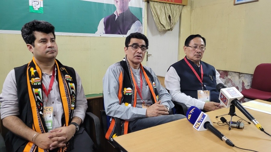 K Therie, Dr Ajoy Kumar and Ranajit Mukherjee addressing the press conference in Kohima on July 19. (Morung Photo)