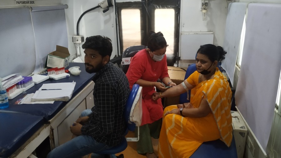 A patient undergoing screening test at the mobile lab facility during the free Cancer Screeening & Awareness camp in Dimapur on July 31. (Morung Photo)