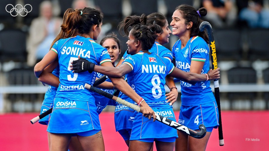 Indian players during their FIH Women's Hockey World Cup 2022 match against China, at Wagener Stadium in Amstelveen, Netherlands. Match ended in a 1-1 draw. (PTI Photo)
