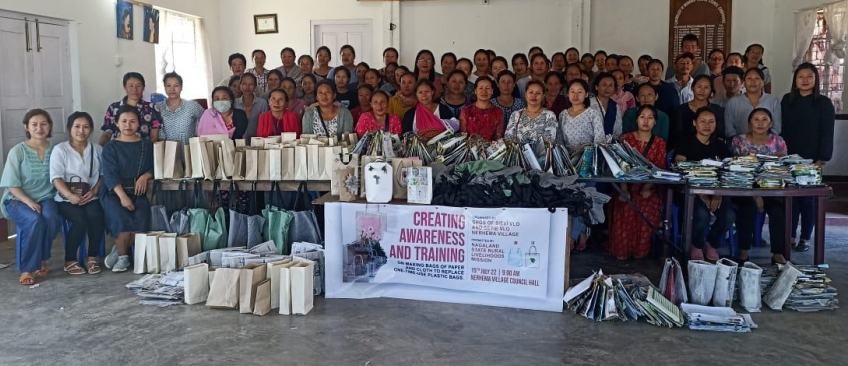 Participants of paper bag and cloth bag making at Nerhema village in Kohima district on July 15.