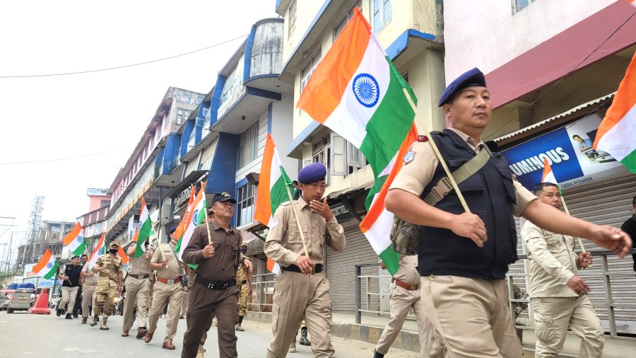 Nagaland Police personnel join Tiranga Rally in Kohima on August 10. The rally was organised by Kohima district administration and District Executive Force (DEF) Kohima by carrying the national flag as part of Government of India’s “Har Ghar Tiranga” campaign under the banner of Azadi Ka Amrit Mahotsav. Morung Photo