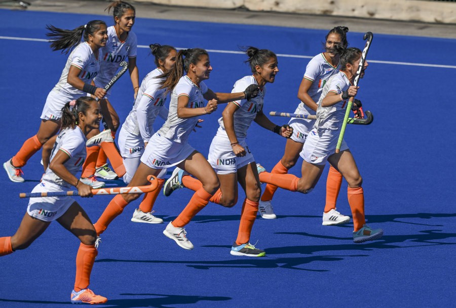 Indian players celebrate their win over New Zealand in the women's bronze medal hockey match at the Commonwealth Games 2022, in Birmingham, UK, Sunday, Aug. 7, 2022. India won the match 2-1. (PTI Photo)