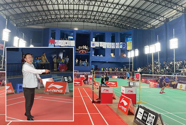Players in actions during the first day of the LIN-NING 44th Inter-District & State Open Badminton Championship in Longleng on August 23. (Inset) Minister for Health & Family Welfare, S Pangnyu Phom declares Championship open.