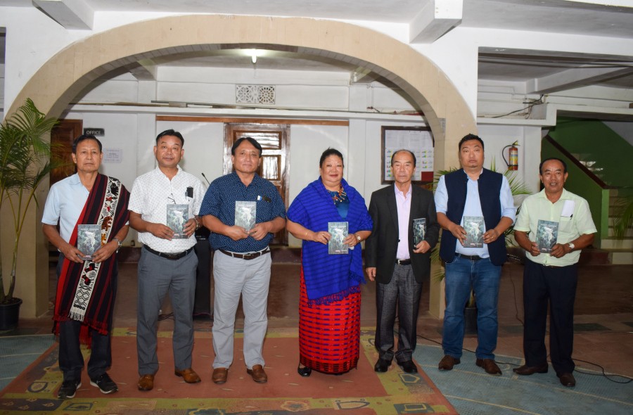 Officials and others with Padmashree T Senka Ao during the release of his 14th book ‘Akumlir Longkong’ at Eden Academy, Kumlong ward, Mokokchung on August 3. (Morung Photo)